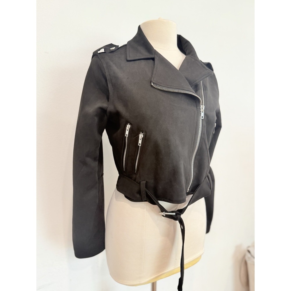 Fantastic Fawn Women's Black Belted Full Zip Cropped Biker Jacket Large retro